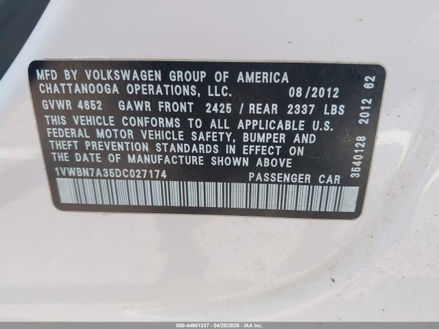 Продажа на аукционе авто 2013 Volkswagen Passat 2.0l Tdi Se, vin: 1VWBN7A35DC027174, номер лота: 44901337