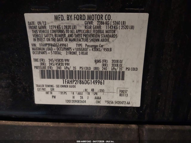 2013 Ford Taurus Limited მანქანა იყიდება აუქციონზე, vin: 1FAHP2F86DG149961, აუქციონის ნომერი: 44901342