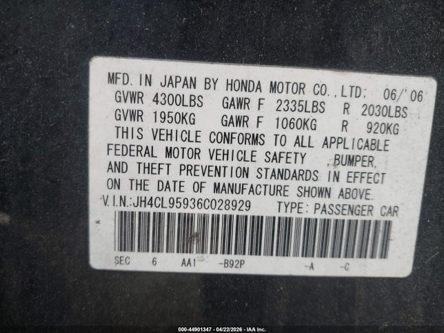 Aukcja sprzedaży 2006 Acura Tsx, vin: JH4CL95936C028929, numer aukcji: 44901347