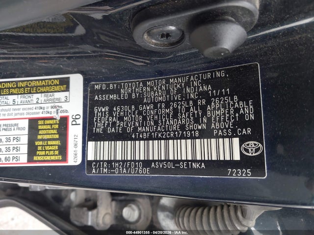 Продаж на аукціоні авто 2012 Toyota Camry Le, vin: 4T4BF1FK2CR171918, номер лоту: 44901355