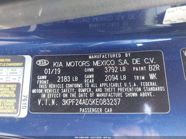 Продаж на аукціоні авто 2019 Kia Forte Lxs, vin: 3KPF24AD5KE083237, номер лоту: 44901356