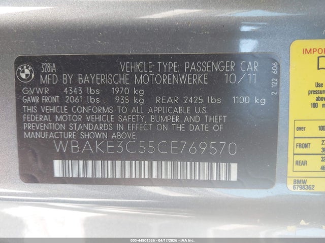 44901366 :رقم المزاد ، WBAKE3C55CE769570 vin ، 2012 Bmw 328i مزاد بيع