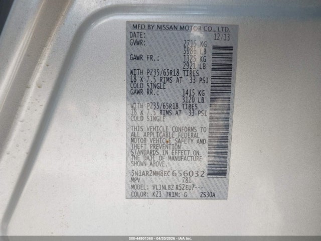 44901368 :رقم المزاد ، 5N1AR2MM8EC656032 vin ، 2014 Nissan Pathfinder S مزاد بيع