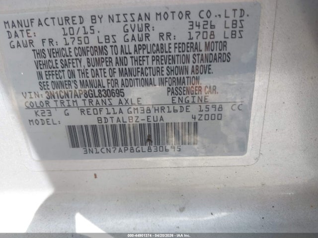 Продажа на аукционе авто 2016 Nissan Versa, vin: 3N1CN7AP8GL830695, номер лота: 44901374