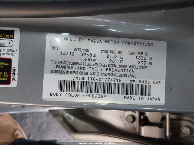 44901380 :رقم المزاد ، JM1BL1TG4D1774718 vin ، 2013 Mazda Mazda3 I Sv مزاد بيع