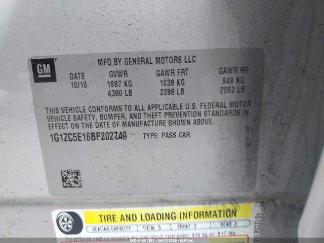 2011 Chevrolet Malibu 1lt მანქანა იყიდება აუქციონზე, vin: 1G1ZC5E16BF202749, აუქციონის ნომერი: 44901381