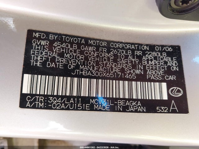 Aukcja sprzedaży 2006 Lexus Es 330, vin: JTHBA30GX65171465, numer aukcji: 44901382