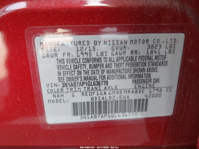 Продаж на аукціоні авто 2016 Nissan Sentra Fe+ S/s/sl/sr/sv, vin: 3N1AB7AP1GL636770, номер лоту: 44901401