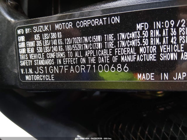 Aukcja sprzedaży 2024 Suzuki Gsx-r600, vin: JS1GN7FA0R7100686, numer aukcji: 44901404