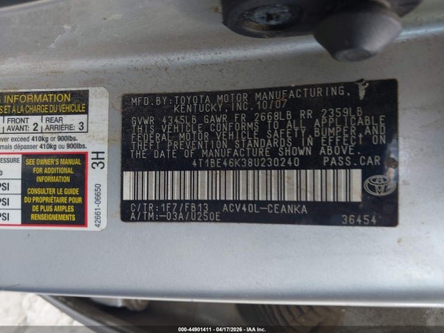 Продаж на аукціоні авто 2008 Toyota Camry Le, vin: 4T1BE46K38U230240, номер лоту: 44901411