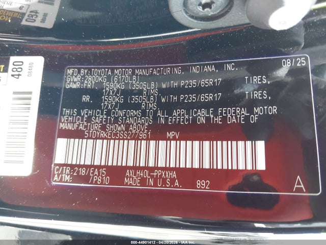 Aukcja sprzedaży 2025 Toyota Sienna Xle, vin: 5TDYRKEC3SS277961, numer aukcji: 44901412