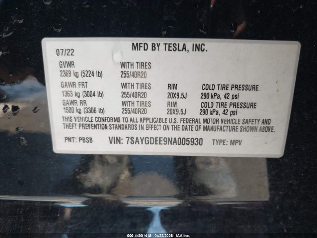 Продажа на аукционе авто 2022 Tesla Model Y Long Range Dual Motor All-wheel Drive, vin: 7SAYGDEE9NA005930, номер лота: 44901418
