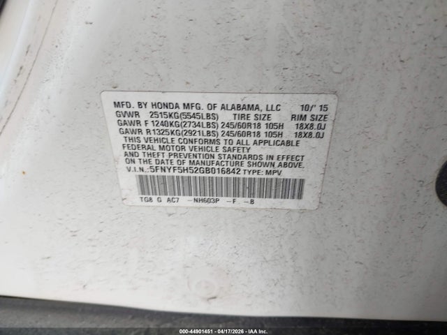 2016 Honda Pilot Ex-l მანქანა იყიდება აუქციონზე, vin: 5FNYF5H52GB016842, აუქციონის ნომერი: 44901451