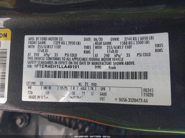 44901453 :رقم المزاد ، 1FTER4EH1LLA49101 vin ، 2020 Ford Ranger Xlt مزاد بيع