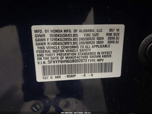 2016 HONDA PILOT 5FNYF6H96GB092072 Photo 8