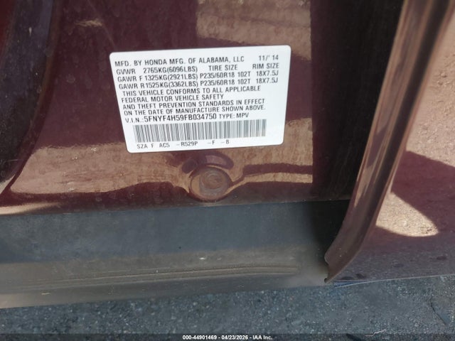 Honda Pilot Ex-l 2015 5FNYF4H59FB034750 Image 9