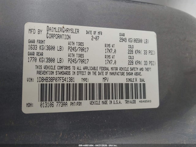 Aukcja sprzedaży 2007 Dodge Durango Sxt, vin: 1D8HB38P07F541381, numer aukcji: 44901494