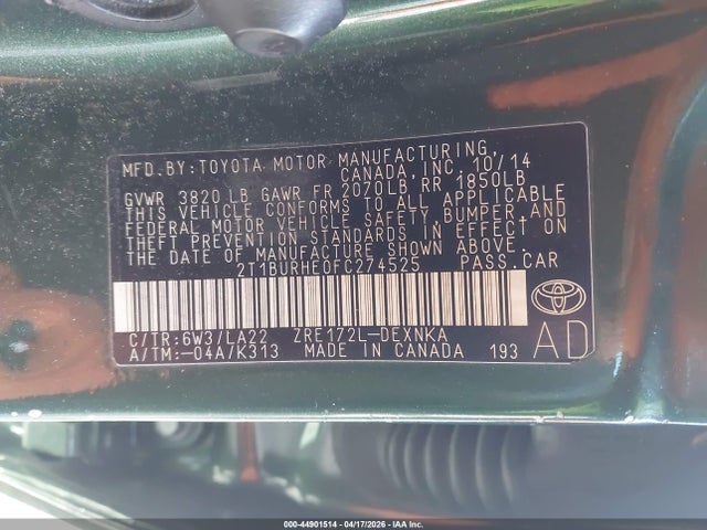 Toyota Corolla Le Premium 2015 2T1BURHE0FC274525 Image 9