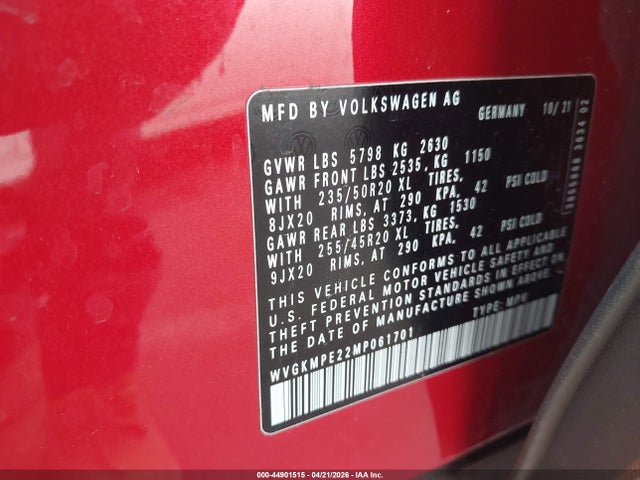 2021 Volkswagen Id.4 Pro S მანქანა იყიდება აუქციონზე, vin: WVGKMPE22MP061701, აუქციონის ნომერი: 44901515