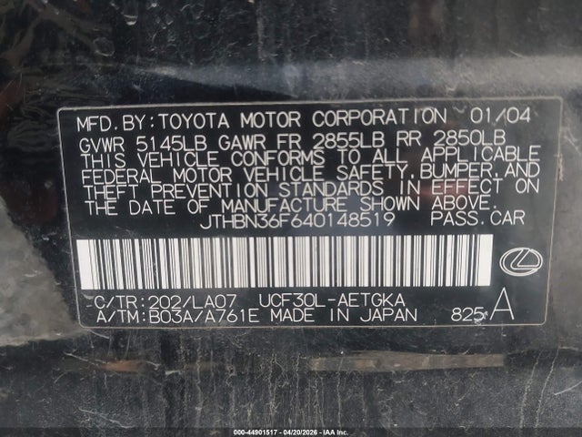 Продаж на аукціоні авто 2004 Lexus Ls 430, vin: JTHBN36F640148519, номер лоту: 44901517