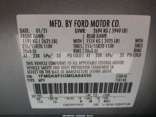44901523 :رقم المزاد ، 1FMSK8FH3MGA84550 vin ، 2021 Ford Explorer Limited مزاد بيع