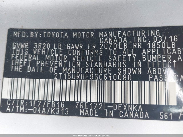 Aukcja sprzedaży 2016 Toyota Corolla Le, vin: 2T1BURHE9GC640080, numer aukcji: 44901525