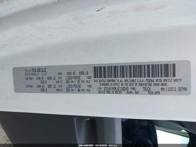 44901527 :رقم المزاد ، 3C6URVHG4JE116243 vin ، 2018 Ram Promaster 3500 High Roof 159 Wb مزاد بيع