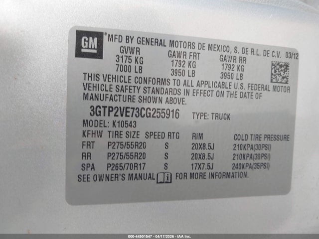 Продажа на аукционе авто 2012 Gmc Sierra 1500 Sle, vin: 3GTP2VE73CG255916, номер лота: 44901547