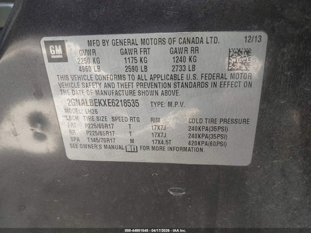 Продаж на аукціоні авто 2014 Chevrolet Equinox 1lt, vin: 2GNALBEKXE6218535, номер лоту: 44901548