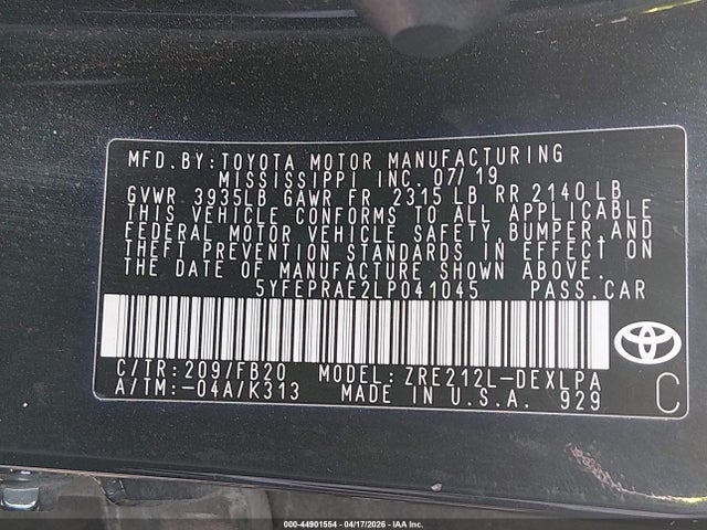 Aukcja sprzedaży 2020 Toyota Corolla Le, vin: 5YFEPRAE2LP041045, numer aukcji: 44901554