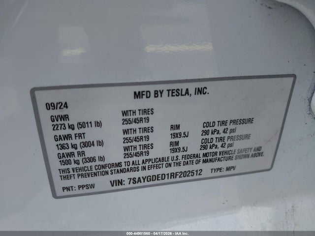 2024 Tesla Model Y მანქანა იყიდება აუქციონზე, vin: 7SAYGDED1RF202512, აუქციონის ნომერი: 44901560
