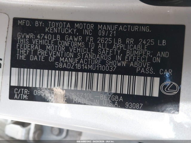 Aukcja sprzedaży 2021 Lexus Es 350, vin: 58ADZ1B14MU110037, numer aukcji: 44901562