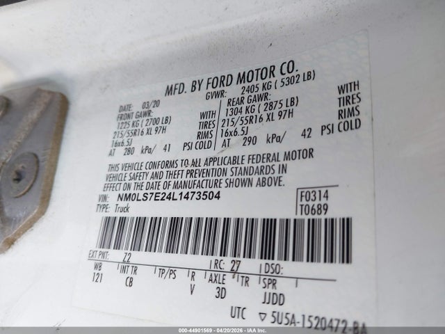 Aukcja sprzedaży 2020 Ford Transit Connect Xl, vin: NM0LS7E24L1473504, numer aukcji: 44901569