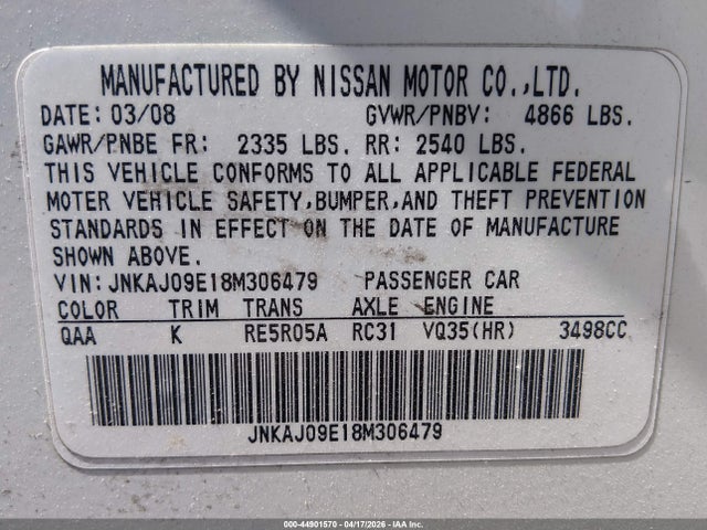 Aukcja sprzedaży 2008 Infiniti Ex35 Journey, vin: JNKAJ09E18M306479, numer aukcji: 44901570