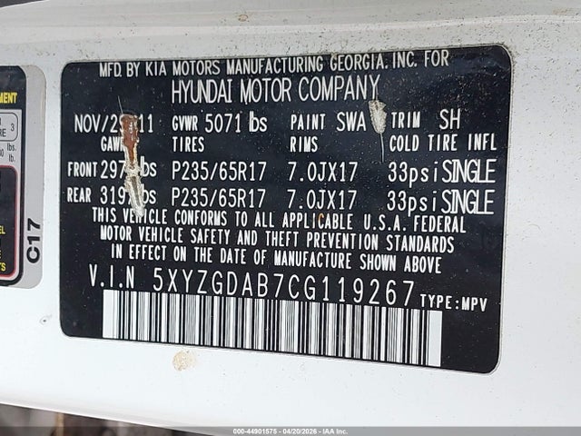 Aukcja sprzedaży 2012 Hyundai Santa Fe Gls, vin: 5XYZGDAB7CG119267, numer aukcji: 44901575