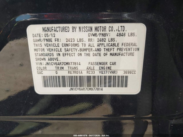 2012 Infiniti G37x მანქანა იყიდება აუქციონზე, vin: JN1CV6AR7CM977814, აუქციონის ნომერი: 44901576