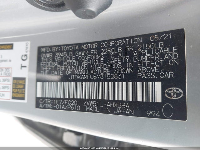 2021 Toyota Prius L Eco მანქანა იყიდება აუქციონზე, vin: JTDKAMFU6M3152831, აუქციონის ნომერი: 44901600