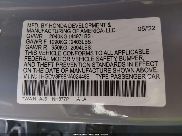 44901604 :رقم المزاد ، 1HGCV3F98NA024488 vin ، 2022 Honda Accord Hybrid Touring مزاد بيع