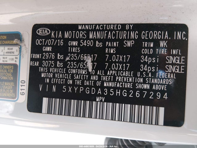 Продажа на аукционе авто 2017 Kia Sorento 2.4l Lx, vin: 5XYPGDA35HG267294, номер лота: 44901609