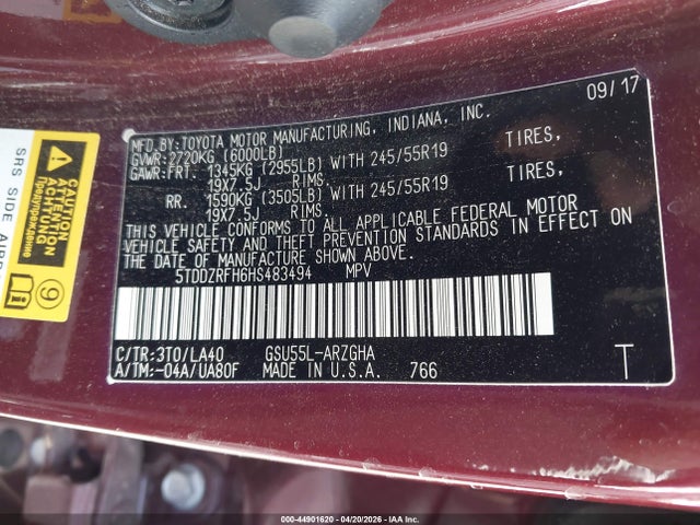 Toyota Highlander Limited 2017 5TDDZRFH6HS483494 Image 9