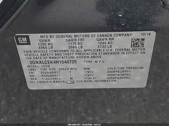 Продажа на аукционе авто 2017 Chevrolet Equinox Lt, vin: 2GNALCEK4H1540725, номер лота: 44901621