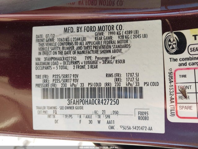 2012 Ford Fusion Se მანქანა იყიდება აუქციონზე, vin: 3FAHP0HA0CR427250, აუქციონის ნომერი: 44901624