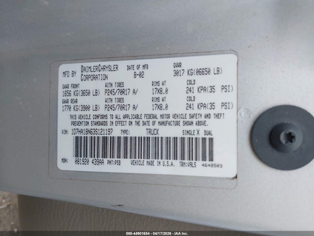 Продажа на аукционе авто 2003 Dodge Ram 1500 Slt/laramie/st, vin: 1D7HA18N63S121197, номер лота: 44901654