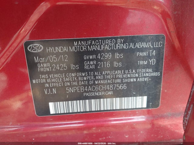 44901658 :رقم المزاد ، 5NPEB4AC6CH487566 vin ، 2012 Hyundai Sonata Gls مزاد بيع