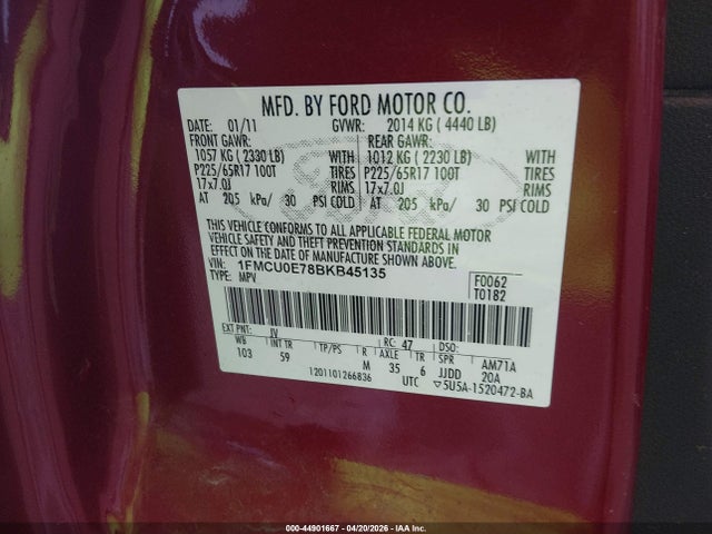 44901667 :رقم المزاد ، 1FMCU0E78BKB45135 vin ، 2011 Ford Escape Limited مزاد بيع