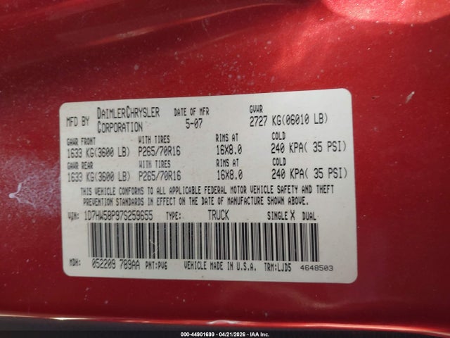 Продажа на аукционе авто 2007 Dodge Dakota Laramie, vin: 1D7HW58P97S259655, номер лота: 44901699