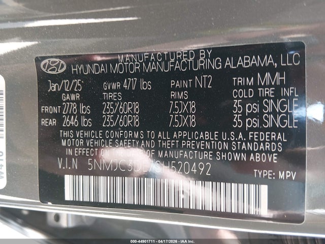 Aukcja sprzedaży 2025 Hyundai Tucson Sel Convenience, vin: 5NMJC3DE7SH520492, numer aukcji: 44901711