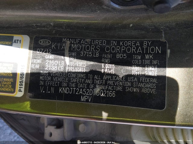 44901713 :رقم المزاد ، KNDJT2A52D7502166 vin ، 2013 Kia Soul مزاد بيع