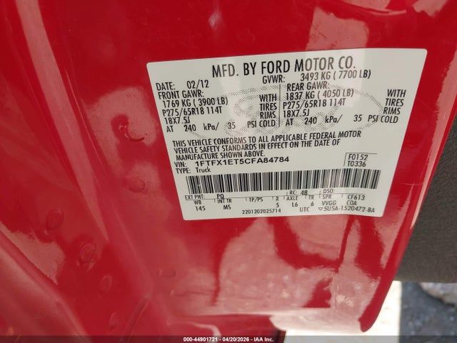 2012 Ford F-150 Xlt მანქანა იყიდება აუქციონზე, vin: 1FTFX1ET5CFA84784, აუქციონის ნომერი: 44901721