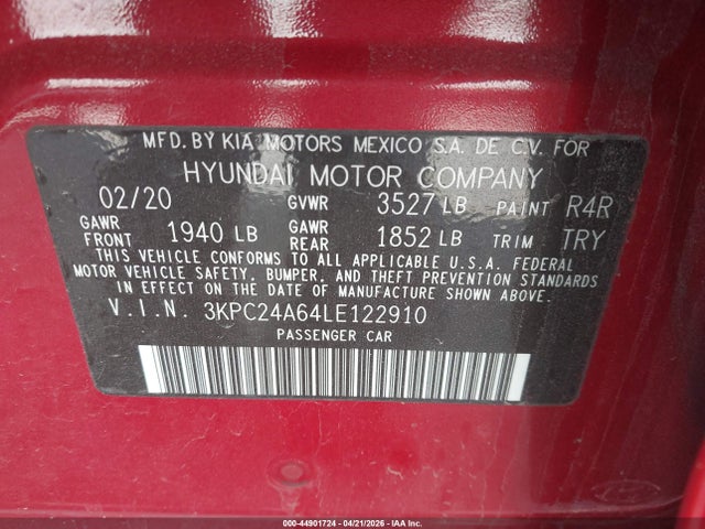 44901724 :رقم المزاد ، 3KPC24A64LE122910 vin ، 2020 Hyundai Accent Sel مزاد بيع